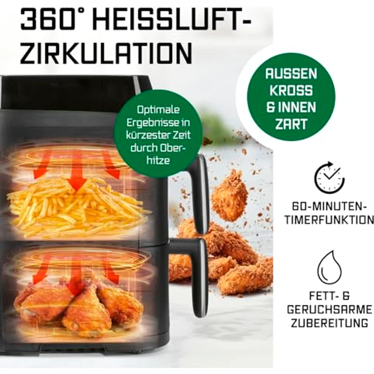 GOURMETmaxx FryUp XS, Vertikale Doppelkammer Heißluftfritteuse mit 5 L Volumen, MultiColour-LED-Touchdisplay, 6 One-touch-Programme – Bild 4