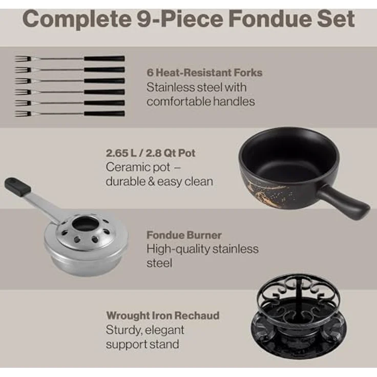 Swissmar F66901 Gruyère Fondue Set 9-teiliges, Keramik/Edelstahl, 2.65L, Fondue-Set für Fleisch, Käse und Schokolade, für 4 Personen, Geschenkset – Bild 6