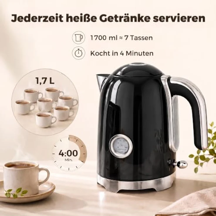 HOMCOM Wasserkocher und Toaster Set, 2200 W, 1,7 L Edelstahl Wasserkocher mit Thermometer, 2-Scheiben Toaster mit 7 Bräunungsstufen, Schwarz – Bild 3
