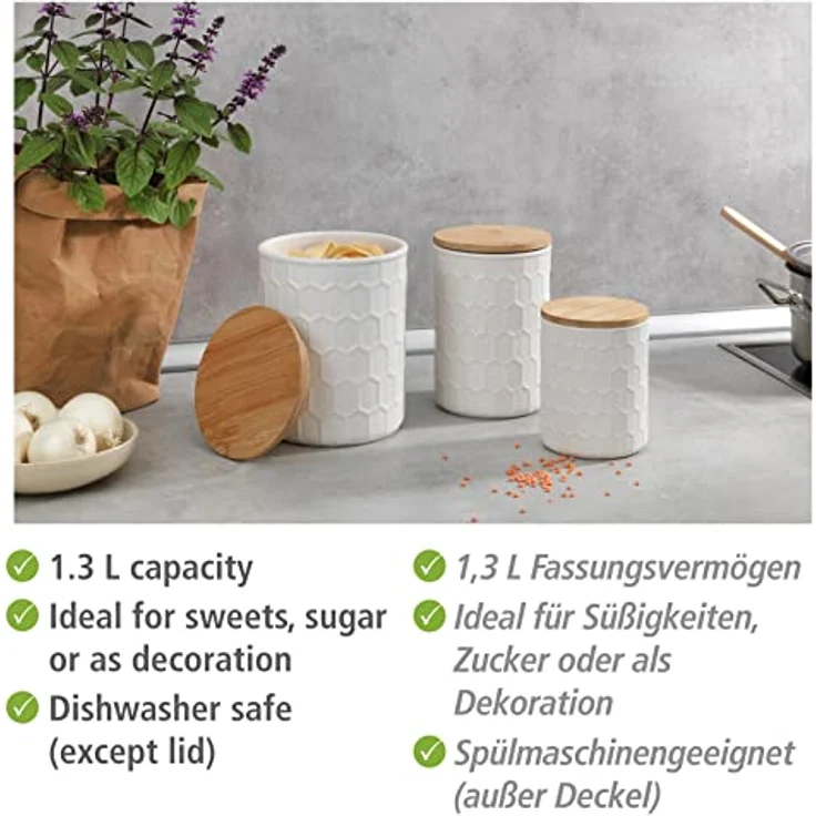 WENKO Aufbewahrungsdose Maya aus hochwertiger weißer Keramik mit Wabenstruktur, spülmaschinengeeignete Dose mit luftdicht verschließbarem Deckel aus Bambus, FSC® zertifiziert, 1,3 L, Ø 13 x 17 cm – Bild 3