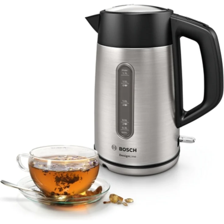 Bosch TWK4P440 DesignLine kabelloser Wasserkocher, Ausgießen ohne Spritzer, Tassenanzeige, Wasserstandsanzeige, Überhitzungsschutz, 1,7 L, 2400 W, Edelstahl-schwarz – Bild 4