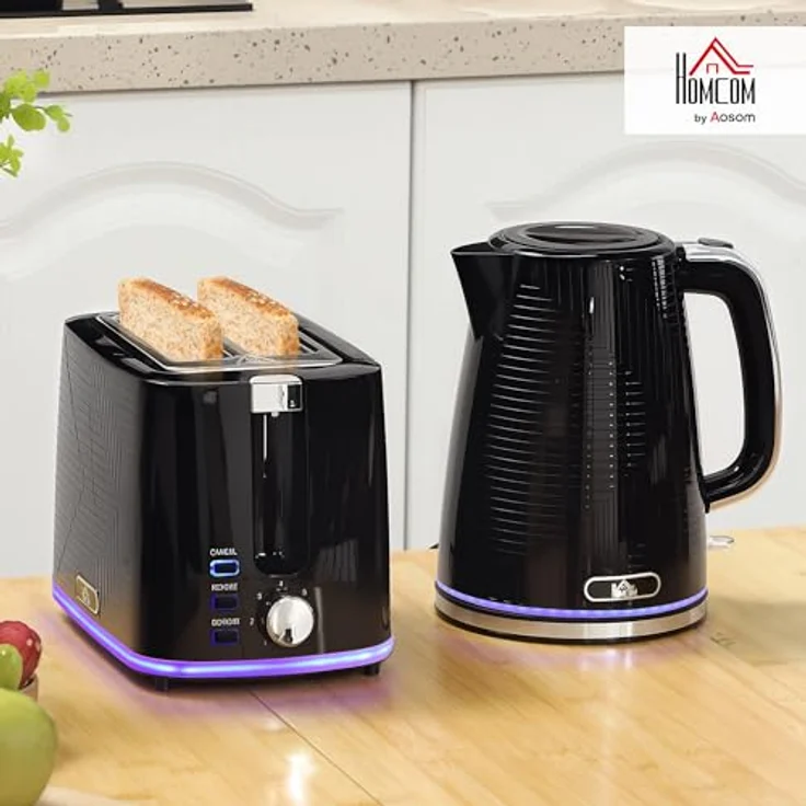 HOMCOM Toaster-Set mit Wasserkocher, 2200 W, 2-Schlitz-Toaster mit 7 Bräunungsstufen, Schwarz – Bild 2