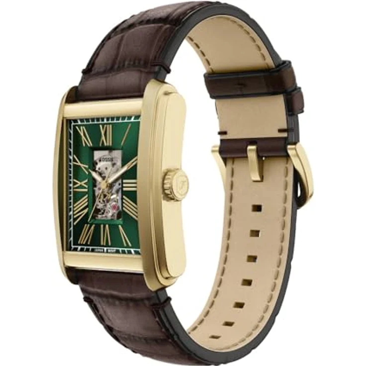 Fossil Carraway ME3271, Herren Edelstahlarmbanduhr mit 30MM goldfarbenem Gehäuse, grünem Sunray-Zifferblatt und braunem Lederband, wasserdicht bis 50m – Bild 3