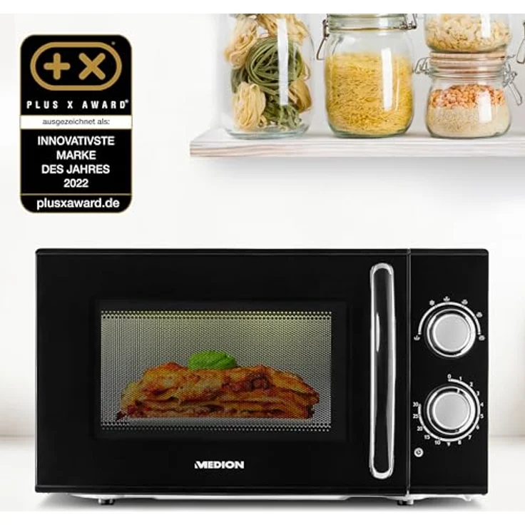 MEDION Mikrowelle, ca. 700 Watt Leistung, ca. 17 Liter Kapazität, 6 Stufen, Auftaufunktion, MD 15644, schwarz – Bild 3