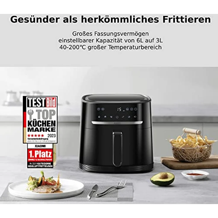 XIAOMI Air Fryer 6L, Heißluftfritteuse XXL, 1500W, 40°-200° einstellbar, 360° Heißluftzirkulation, 6 Programme, Frittieren ohne Öl, Schwarz – Bild 2