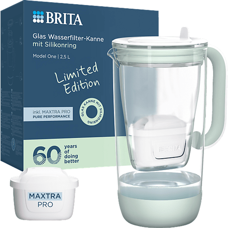BRITA Glas Limited Edition (2,5l) mit MAXTRA PRO Pure Performance Kartusche, Wasserfilter Kanne, Hellgrün, spülmaschinengeeignet und robuster Silikonring