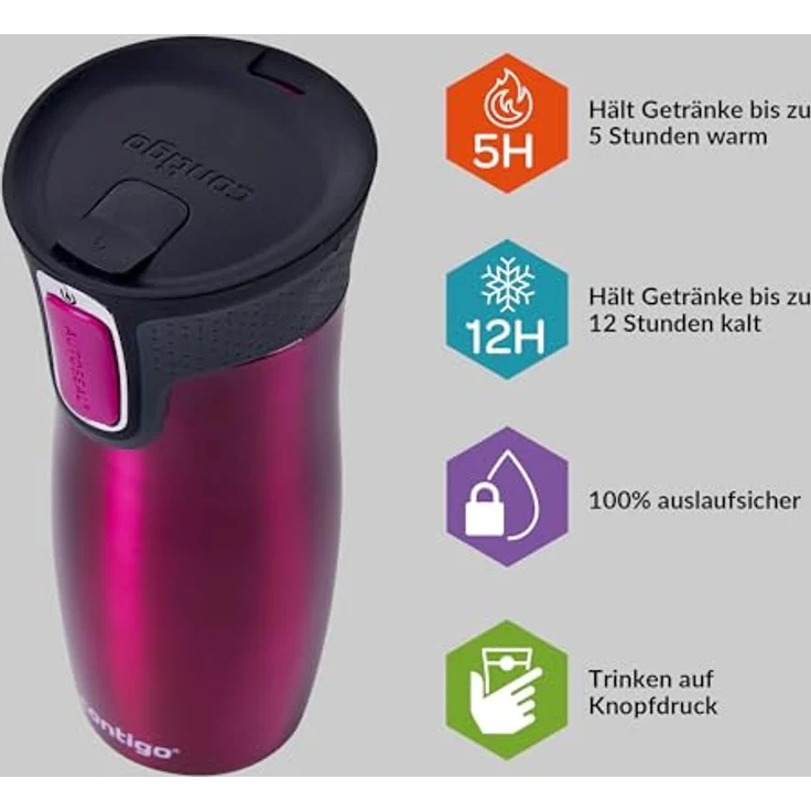 Contigo Thermobecher West Loop Autoseal, Edelstahl Isolierbecher, Reisebecher, Kaffebecher To Go, 100% dicht, auslaufsicher, hält bis zu 5h heiß,12h kalt, 470 ml – Bild 3