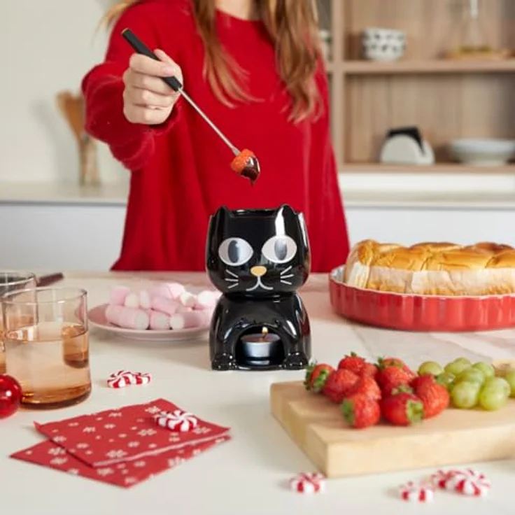 Balvi Schokoladenfondue-Set WAKE CAT, Fondue Set in Schwarz mit originellem Katzendesign, inklusive 4 Gabeln und Teelicht, Keramik, Maße: 10,5 x 10,5 x 16 cm – Bild 7