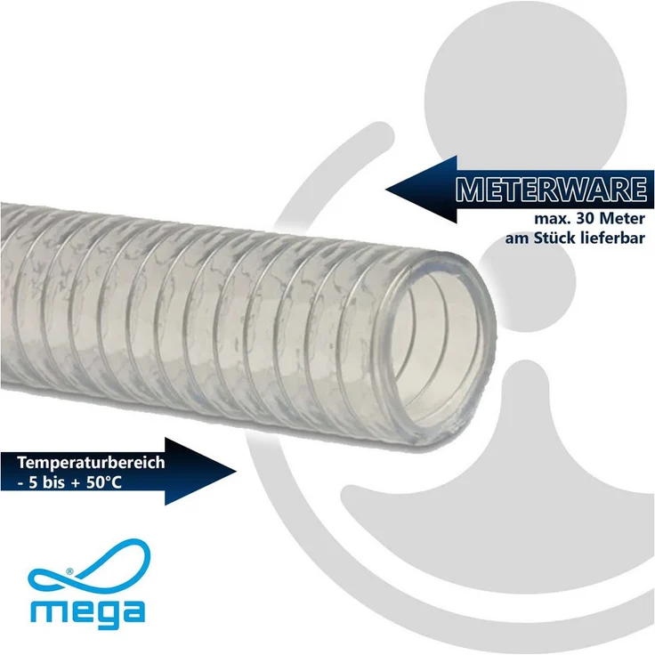 Mega Group MEGASTEEL Schlauch Saug- und Druckschlauch transparent für Pumpen, Zisternen, Brunnen, 5 Meter max. am Stück, knickfest, PVC mit Stahlspirale