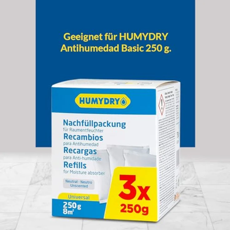 HUMYDRY Luftbefeuchter Humydry Nachfüllpack 3x250g Geruchsneutral für Luftentfeuchter – Bild 5