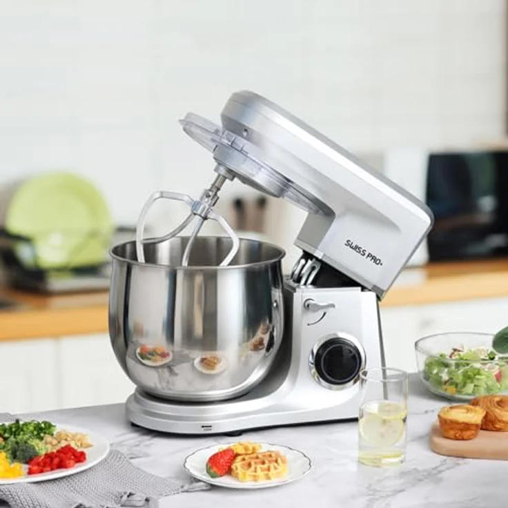 Swiss Pro+ Küchenmaschinen, rührgeräte & mixer - Teigknetmaschine mit Spritzschutz mit Einfüllöffnung - 2200W - Edelstahl - Silber - 10L – Bild 4