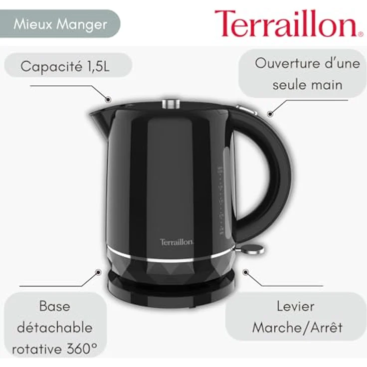 TERRAILLON SCHWAZER DIAMANT, Elektrischer Wasserkocher 1,5 l, 2200 W, 360° drehbarer Sockel, automatische Abschaltung, Hintergrundbeleuchtung, Wasserstandsanzeige, schwarz – Bild 2
