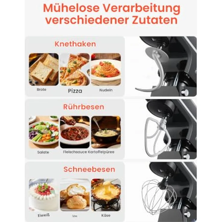 VEVOR Teigmixer 1400 W, Küchenmaschine mit 7,84 L Edelstahlschüssel, kippbarem Kopf, Knethaken, Schneebesen, schwarz – Bild 2