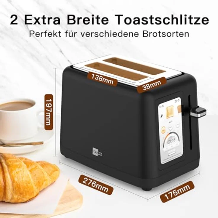 aeco toastlab Elite Toaster für 2 Scheiben, 10 Programme, 6 Bräunungsstufen, 850W, 5" LCD Display, extra breite Toastschlitze, Brötchenaufsatz, Liftfunktion, Krümelfach – Bild 2