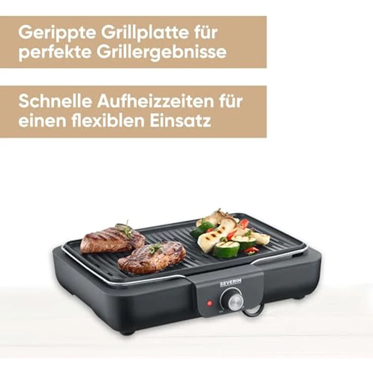 SEVERIN Tischgrill mit Grilplatte PG 8556, Schwarz - Gerippte Grillplatte aus hochwertigen Aluminium Druckguss für perfekte Grillergebnisse – Bild 2