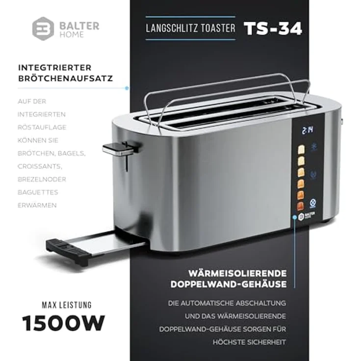 Balter TS-34, Langschlitz-Toaster für 4 Scheiben aus Edelstahl, Touch Bedienung, Brötchenaufsatz, LCD Display, Auftaufunktion, Brotzentrierung – Bild 2
