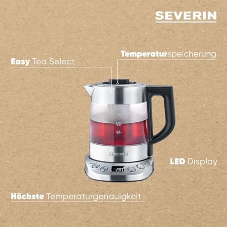 SEVERIN WK 3473 Glas-Tee--Wasserkocher Deluxe Mini (ca. 2.200 W, mit Temperaturregler, Für 1 L Wasser-0,75 L Tee) edelstahl-schwarz – Bild 5