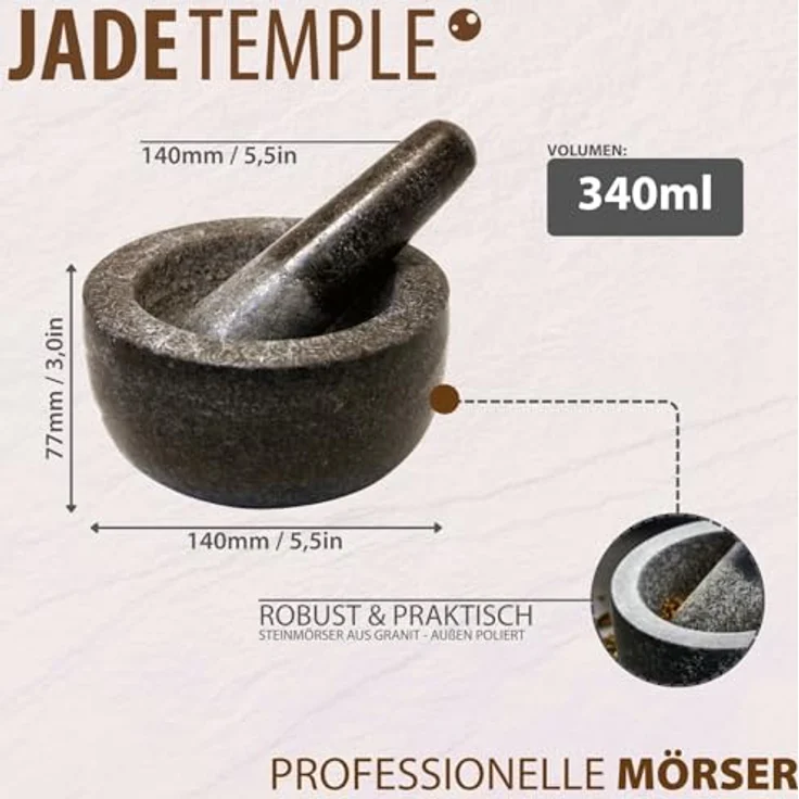 JADE TEMPLE Steinmörser mit Stößel im Set, effektives und einfaches mörsern, aus massivem Granit mit 14 cm Durchmesser und 7,7 cm Höhe – Bild 4