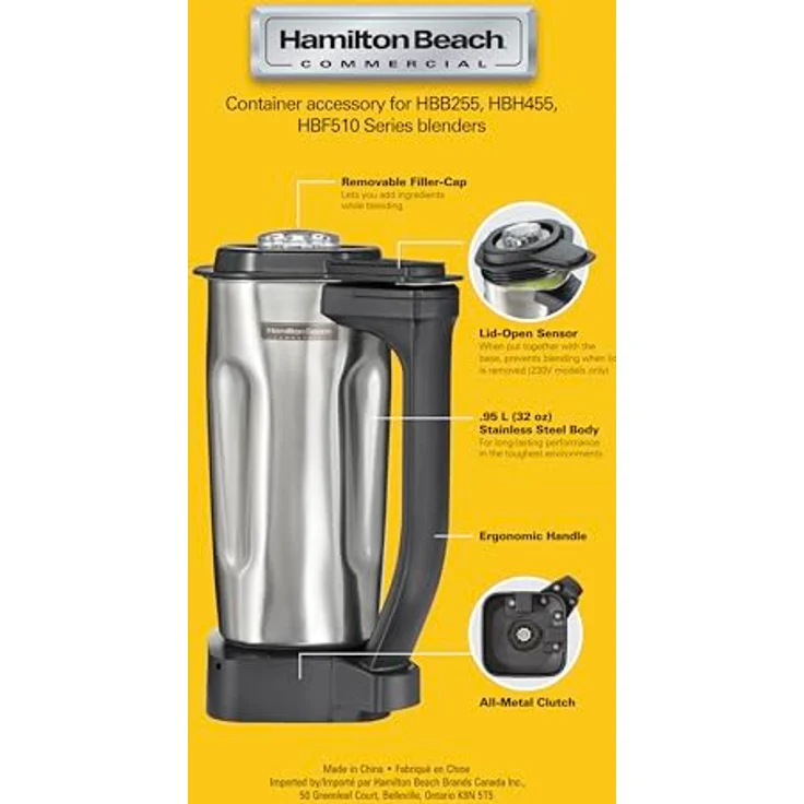 Hamilton Beach Commercial® - 32 oz / 0,95 L Edelstahl Mixerbehälter mit ergonomischem Griff und Sicherheitsdeckel, kompatibel mit HBB255/HBB255S, HBH455 und HBF510/HBF510S – Bild 6