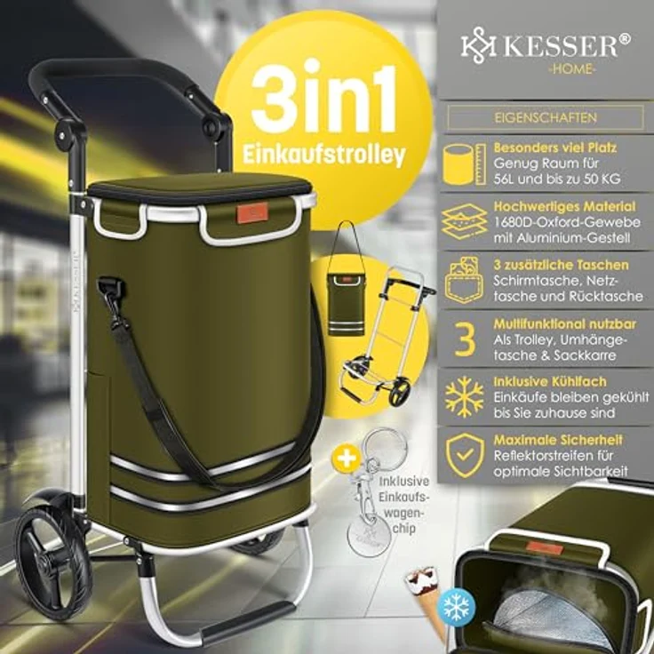 KESSER® Einkaufstrolley klappbar 56L, belastbar bis 50kg, 3in1 Trolley mit Kühlfach, Treppensteiger, Umhängetasche, Khaki – Bild 2
