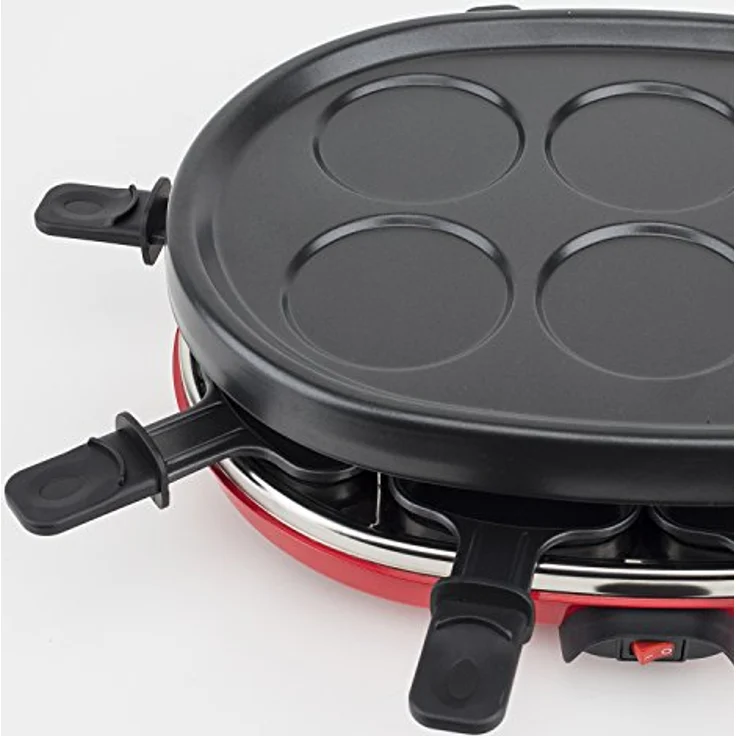 H.Koenig RP412 Raclette-Gerät 4 in 1 - 8 Personen - Raclette, Natursteingrill, Crepe-Platte und Grillplatte - mit 8 Pfännchen - 900 W - schwarz-rot – Bild 7