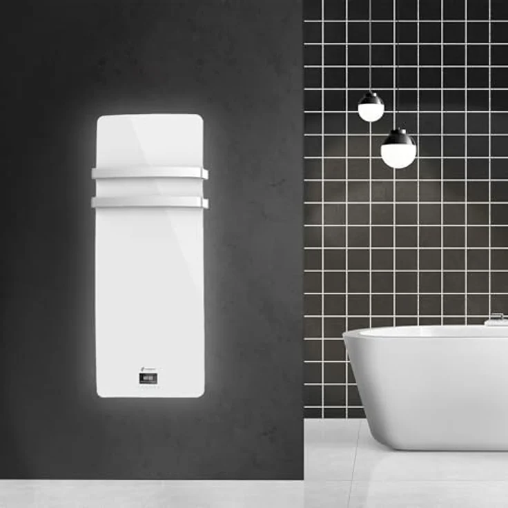 Sannover Elektrischer Glas-Wandhandtuchtrockner Omiros, 850 W mit Touch-LED-Panel und kabelloser Fernbedienung, weiß – Bild 2