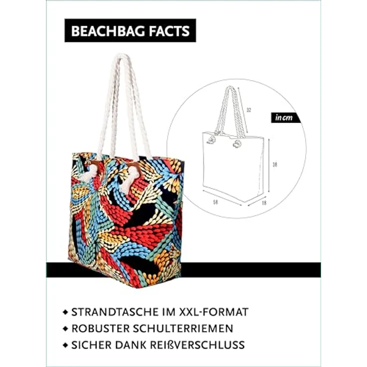 DonDon XXL Strandtasche mit Reißverschluss, bunte Shopper Tasche Damen für Strand und Meer, inklusive Mini Tasche, strapazierfähig und multifunktional – Bild 3