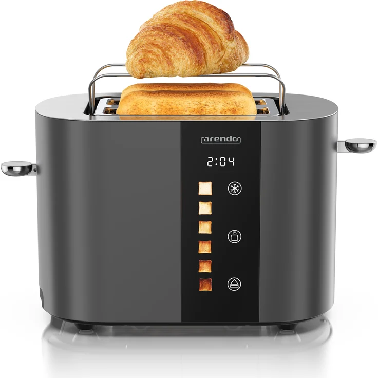 Arendo LEVEL TOUCH 2-Scheiben Toaster, Edelstahl, 800W, Display mit Restzeitanzeige, Brötchenaufsatz, Defrost Funktion, Wärmeisolierendes Gehäuse, Touch Display, Cool Grey