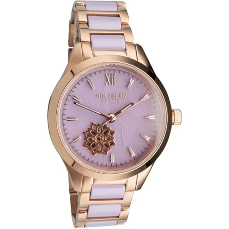HOLZKERN Damen-Armbanduhr Automatik Kaleidoscopic, violettes Zifferblatt, Edelstahl Roségold, kratzfest, leuchtend im Dunkeln, mit Faltschließe