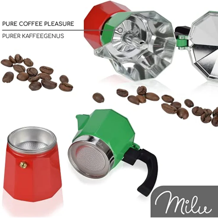Milu Espressokocher (No Induktion) | 2, 3, 6, 9 Tassen | Aluminium Mokkakanne, Espressokanne, Espresso Maker Set inkl. Untersetzer, Löffel, Bürste (Italia, 6 Tassen (300ml) – Bild 4