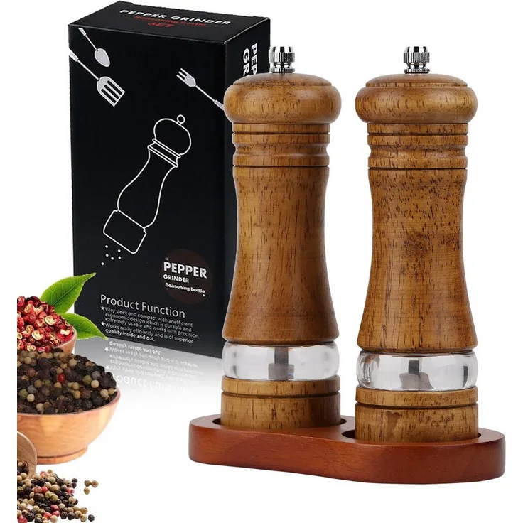 BlingBin Manuelle Salz-/Pfeffermühle mit verstellbarem Keramikmahlwerk, 3-teiliges Set aus Naturkautschukholz mit Acrylfenster, 6-Zoll, braun, inkl. Untersetzer