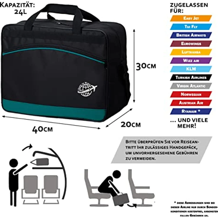 BAMBINIWELT Reisetasche HANDGEPÄCK Boardgepäck Bordcase 40x20x25 40x30x20 Ryanair Wizzair, Reisetasche, Weekender (groß (40x30x20), schwarz-hellgrün) – Bild 4