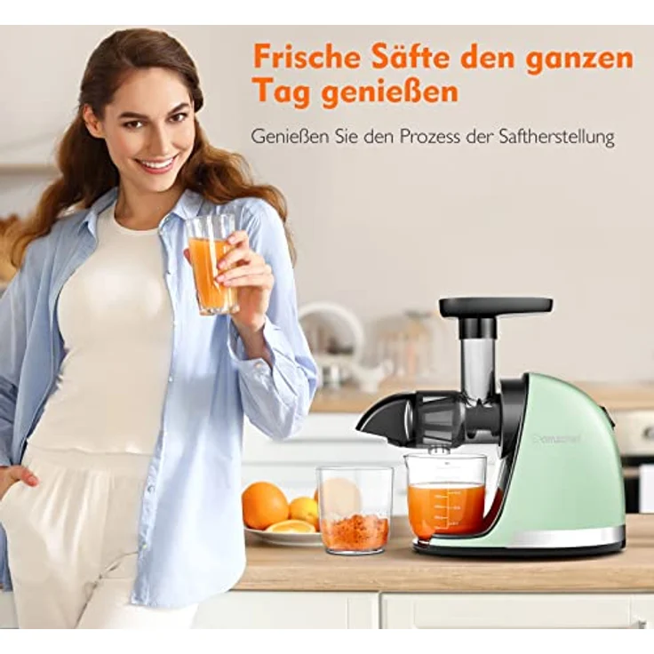 AMZCHEF Entsafter Gemüse und Obst - Slow Juicer mit Rückwärts-Kau-Funktion - Entsaftungsgrad 7-stufig - Entsafter Elektrisch mit Bürste und 2 Tassen - Grün – Bild 3