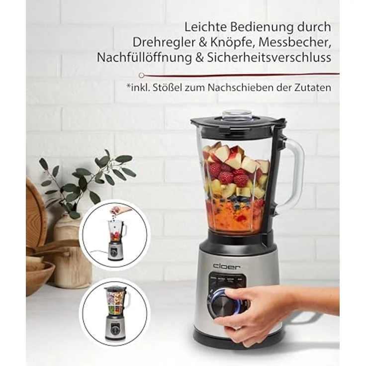 Cloer 6958 Standmixer, 1,5 l Glasbehälter, 6-flügliges Messer, Smoothie-, Ice-Crush- und Auto-Clean-Programme, Puls-Funktion, stufenlos, Edelstahl/Schwarz – Bild 4