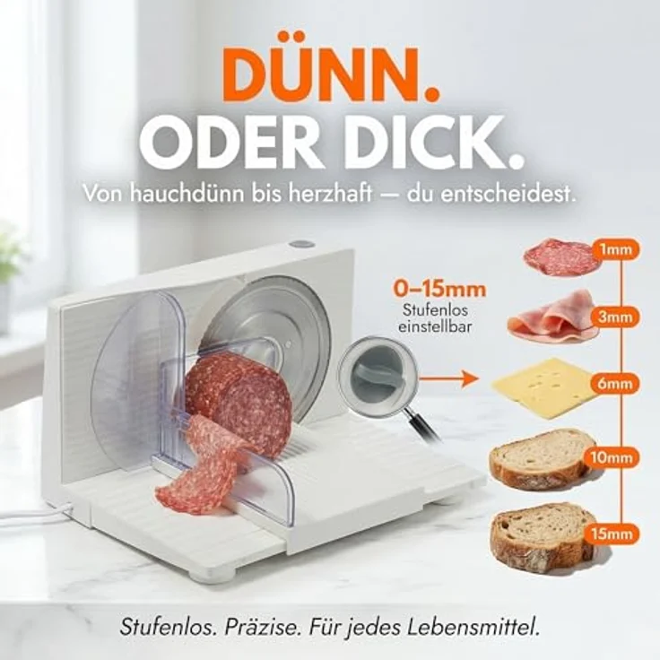Sommertal Allesschneider AS170 150W Edelstahlmesser mit Wellenschliff, 0-15mm, klappbar, elektrische Schneidemaschine Brotschneidemaschine weiß – Bild 4