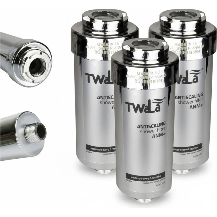 TWaLa 3x Duschfilter Chrom AWF-SWR-P-ANM-M, Wasserfilter gegen Kalk und Chlor, reduziert Hautirritationen und Haarausfall