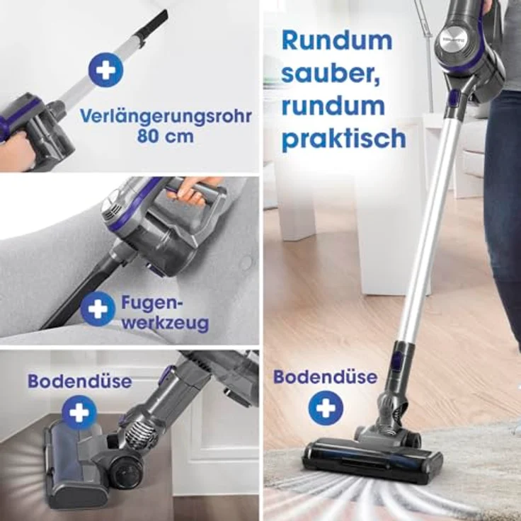 CLEANmaxx Akku-Zyklonstaubsauger Plus | Kabellos & leise für eine gründliche Reinigung | Mit praktischer LED-Beleuchtung, 3 Aufsätzen & cleverem Filter-Reinigungssystem - Preisvergleich – Bild 2