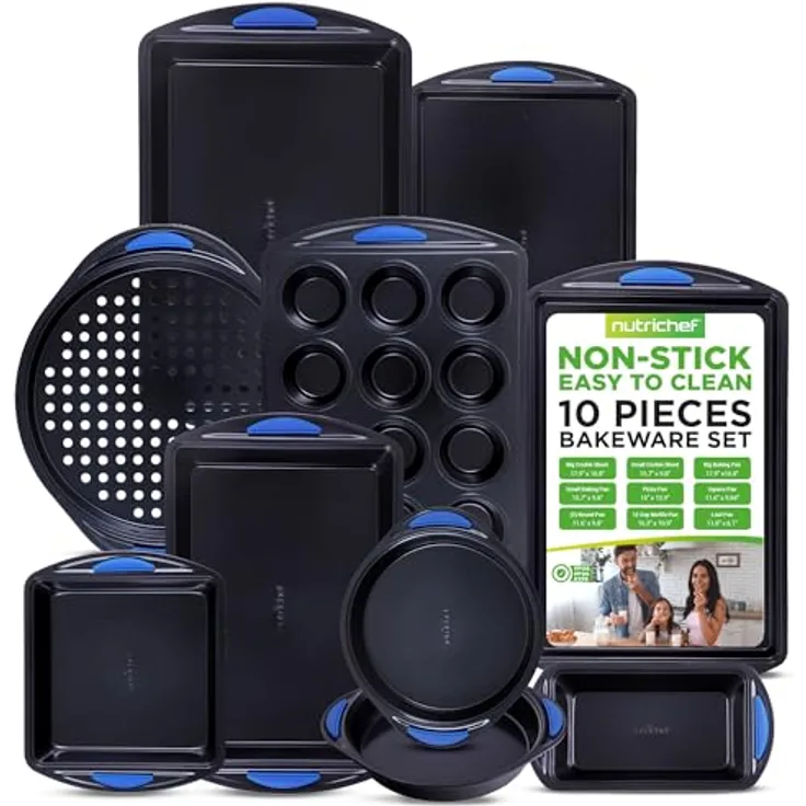 Backformen-Set für den Backofen ? Deluxe, antihaftbeschichtet, blaue Diamanten, innen und außen, Karbonstahl, mit roten Silikongriffen, 10-teilig