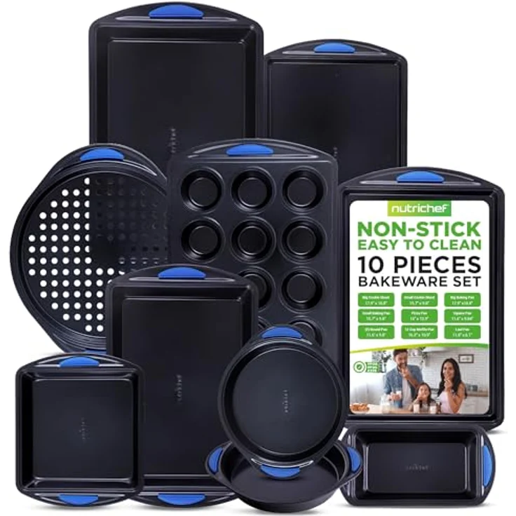 Backformen-Set für den Backofen ? Deluxe, antihaftbeschichtet, blaue Diamanten, innen und außen, Karbonstahl, mit roten Silikongriffen, 10-teilig – Bild 1