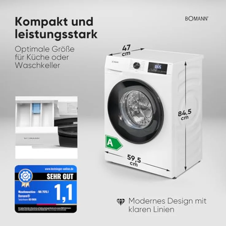 Bomann® WA 7175.1 Waschmaschine 7kg, Invertermotor, max. 1400 U/min, 15 Programme, LED-Display, weiß – Bild 6