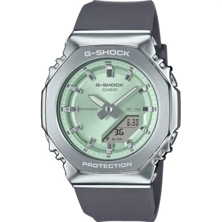 Casio Watch GM-S2110-3AER, Analog-Digitaluhr mit Kalenderfunktion, Grau-Silber-Green