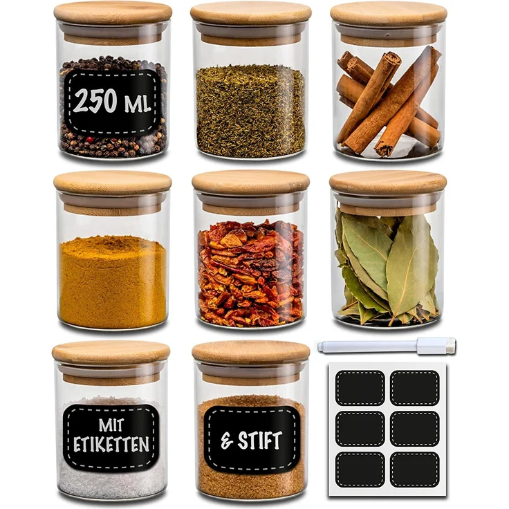Niboline Gewürzbehälter 8er Set 250ml mit Etiketten und Stift - Luftdicht - Spülmaschinenfest - Transparent - Gewürzgläser für Gewürze und Kräuter – Bild 1