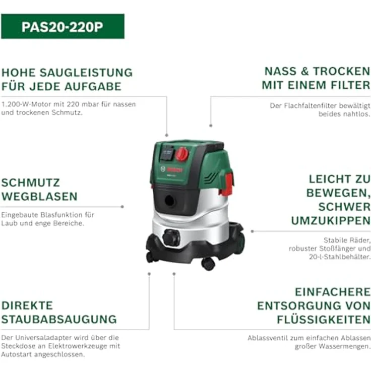 Bosch PAS20-220P, kabelgebundener Nass- und Trockensauger mit 1.200-W-Motor, 220 mbar Saugleistung, 2,2 m Saugschlauch und innovativem Flachfaltenfilter – Bild 2