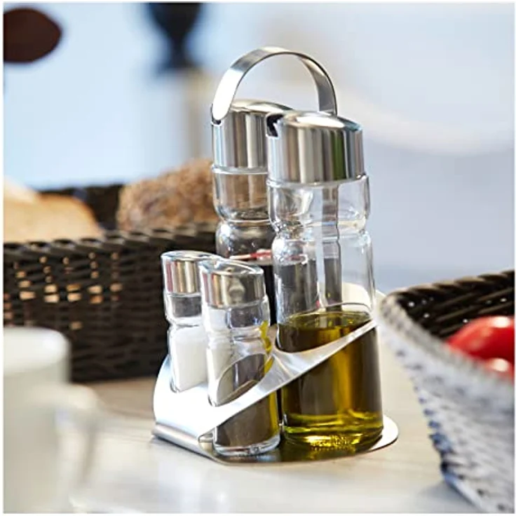 Westmark 4er-Menage für Salz, Pfeffer, Öl und Essig, Mit passendem Ständer, 5-tlg., 2 Streuer und 2 Flaschen, Fassungsvermögen: 40-160 ml, Edelstahl-Glas, Wien, Silber-Transparent, 65052260 – Bild 10