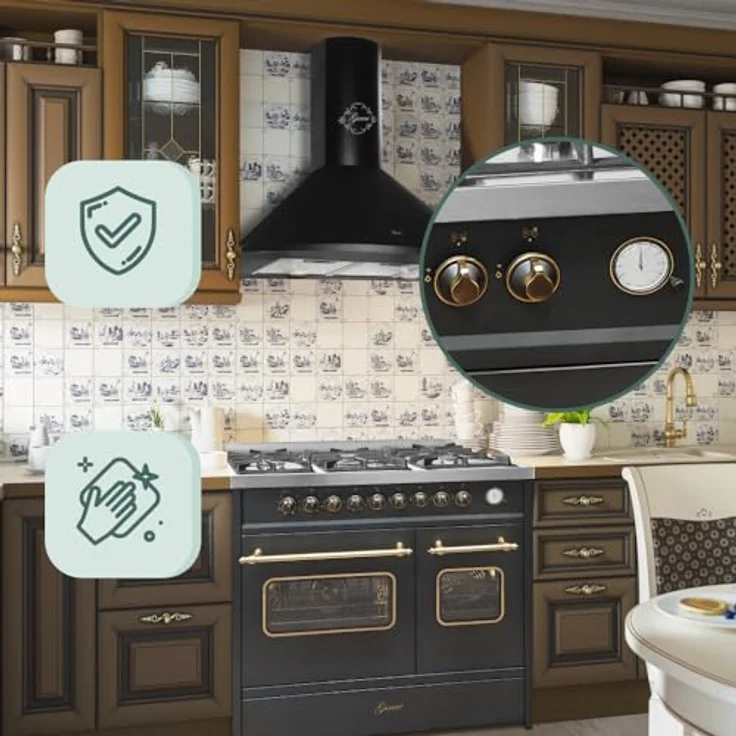 Gurari Gas Standherd 90 cm GCH E 916 Bl Retro Gasherd mit Elektro Backofen | Range Coocker 89L | 8 Funktionen | Heißluft | Grill | 5 Hochwertige Brenner | 4 kw WOK | Erdgas | Propangas – Bild 2