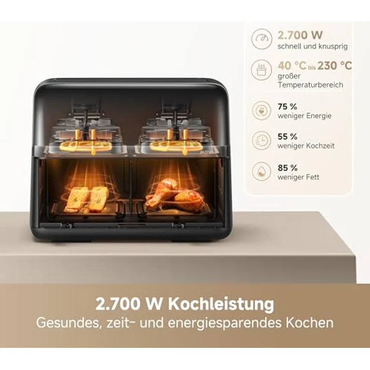 Mova AeroChef FD20 Pro Heißluftfritteuse, 9 Liter Zwei-Zonen-Garen, SyncFinish, 2.700 W, 40 °C–230 °C Heizbereich, Thermische Luftzirkulation, 7 Voreinstellungen – Bild 3