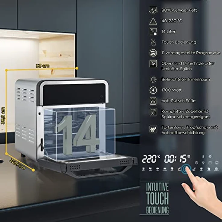 HEINRICHS Heißluftfritteuse Air Fryer mit digitalen LED-Display LCD Touch Display, 11 Pragrammen 1800W Heißluft Fritteuse Ohne ÖL Fritteuse Luftfritteuse Timerfunktion Heinrich´s (14L XXXXXL) - Preisvergleich – Bild 4