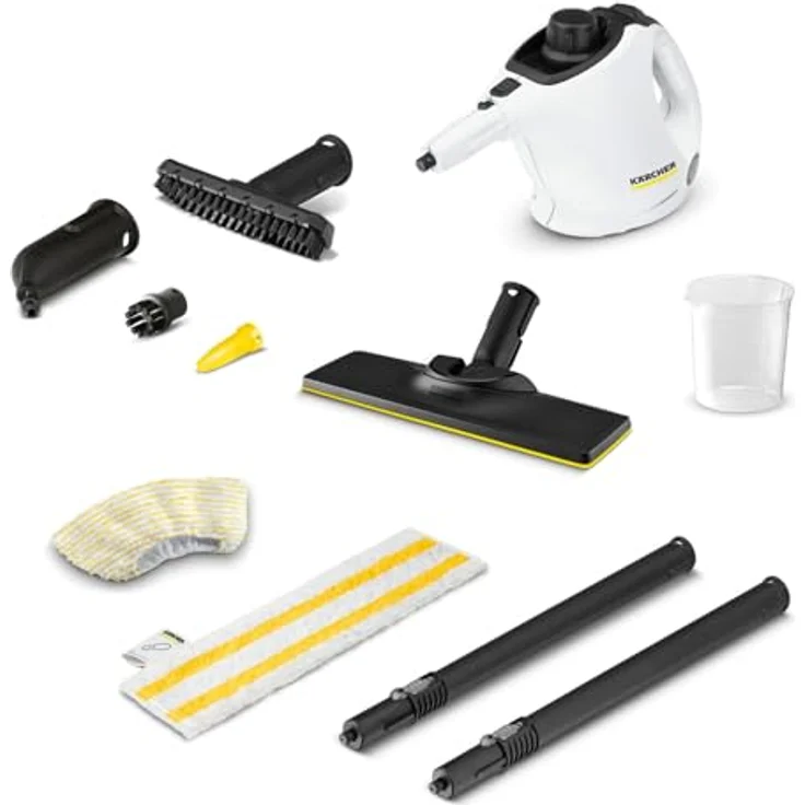 Kärcher Dampfreiniger SC 1 EasyFix, Dampfdruck: 3 bar, Aufheizzeit: 3 min., Leistung: 1.200 W, Flächenleistung: 20 m², Tank: 200 ml, mit Bodenreinigungsset EasyFix, Düsen und Mikrofaserbezug, Weiss – Bild 1