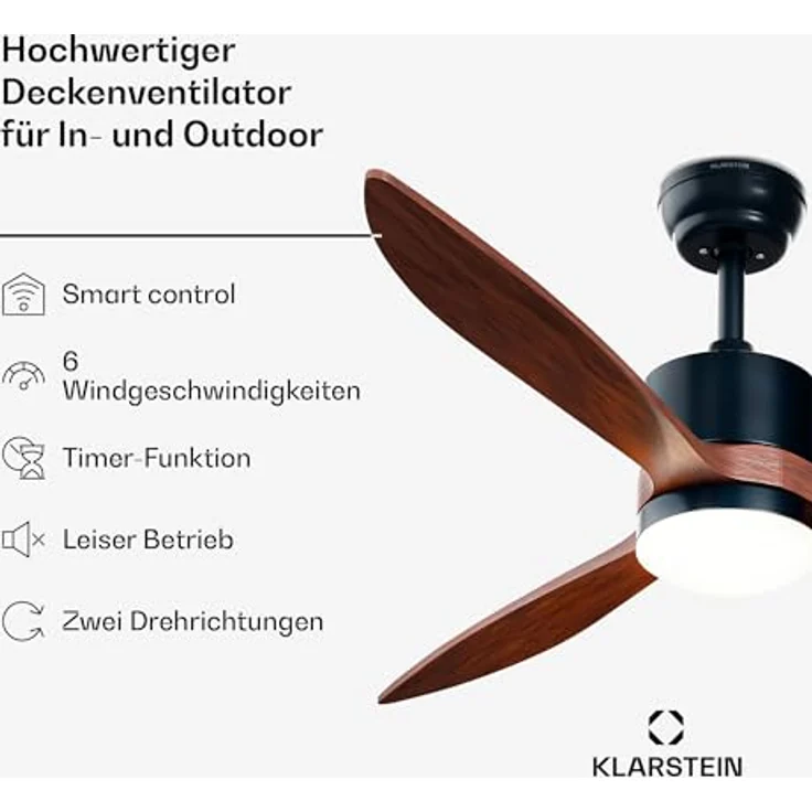 Klarstein SkyBreeze Deckenventilator mit Beleuchtung, IP44 für Außenbereich, Smart Steuerung, 6 Geschwindigkeitsstufen, Dimmbares Licht, 132cm, Walnuss – Bild 2