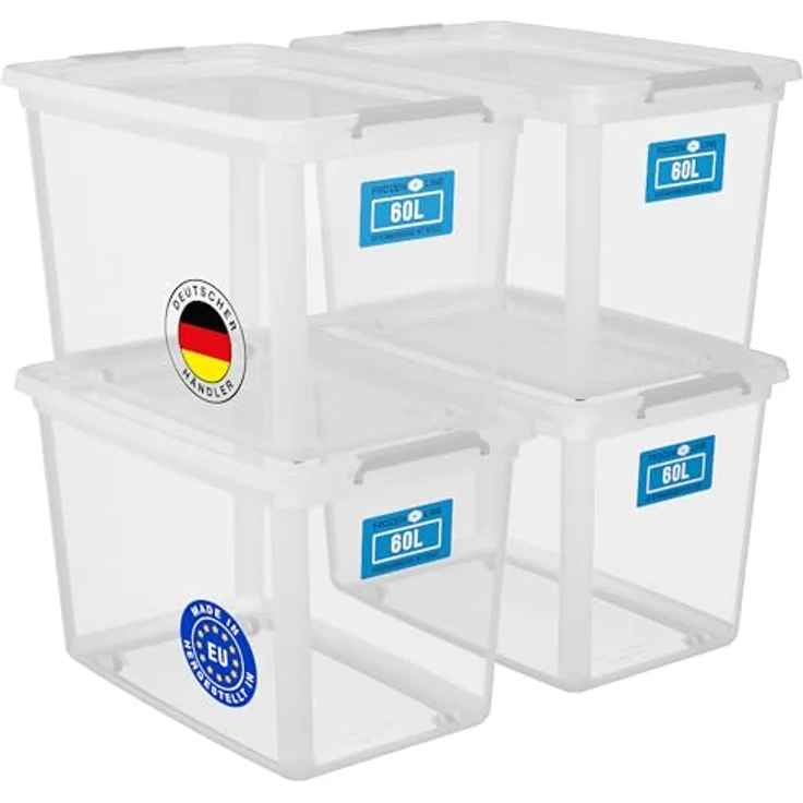 ATHLON TOOLS 4x 60L Aufbewahrungsboxen mit Deckel transparent – Stapelbare Plastik-Boxen – graue Verschlussclips – BPA Frei – Bild 1